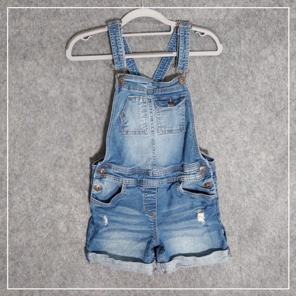 Lucky‎ Brand Overalls 12 Denim Shortall Medium Stonewash Stretch Bib Cuff Shorts